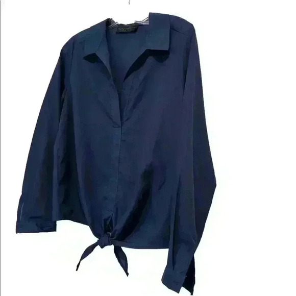 VINTAGE HAVANA V NECK -BUTTON DOWN -TIE WAIST -LONG SLEEVE NAVY - Picture 6 of 11